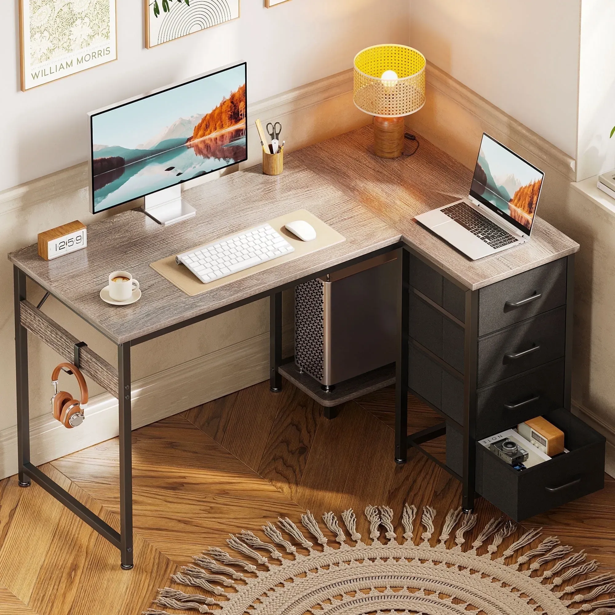 40 Inch L-Shaped Computer Desk with 4 Fabric Drawers, Oak Grey