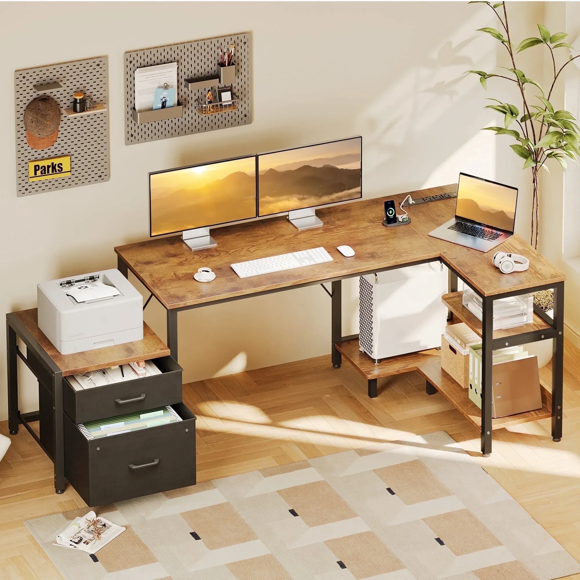 63 Inch L Shaped Desk with Power Outlets, File Drawer & Shelves, Vintage