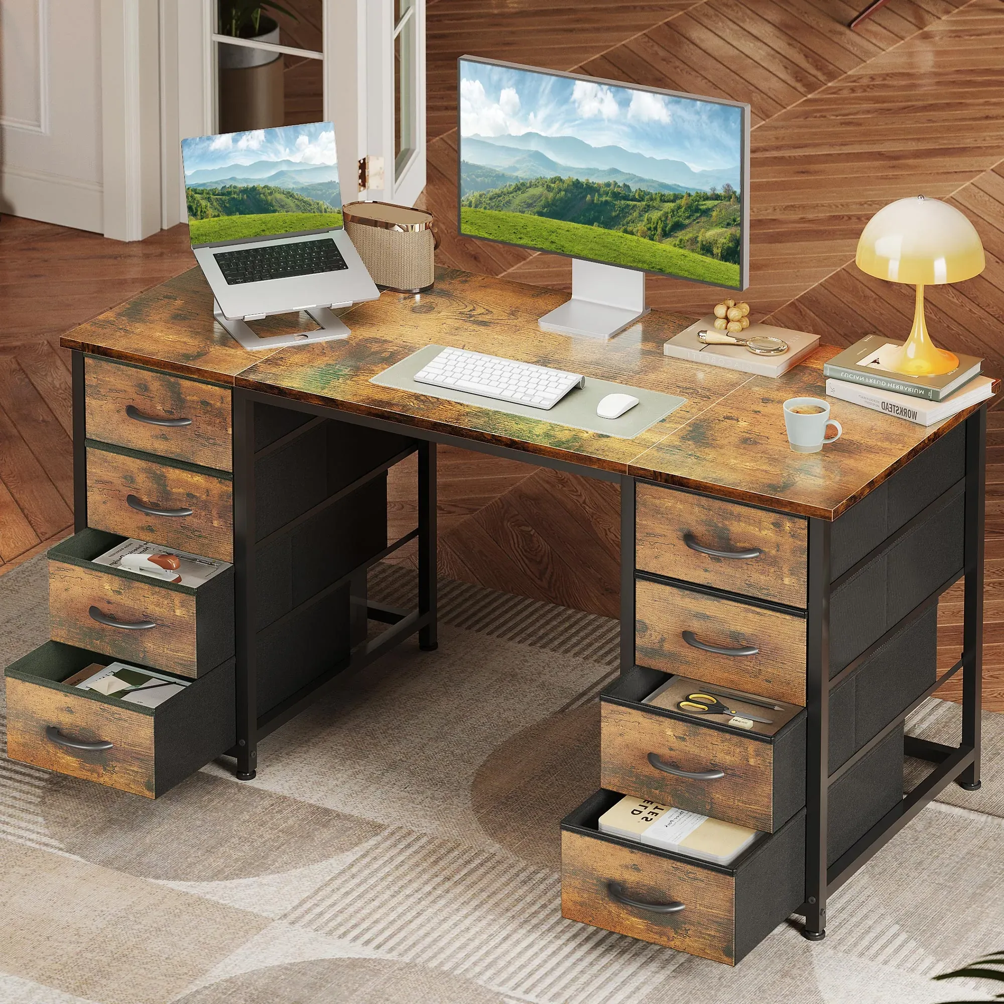 48 Inch Vintage Computer Desk with 8 Fabric Drawers